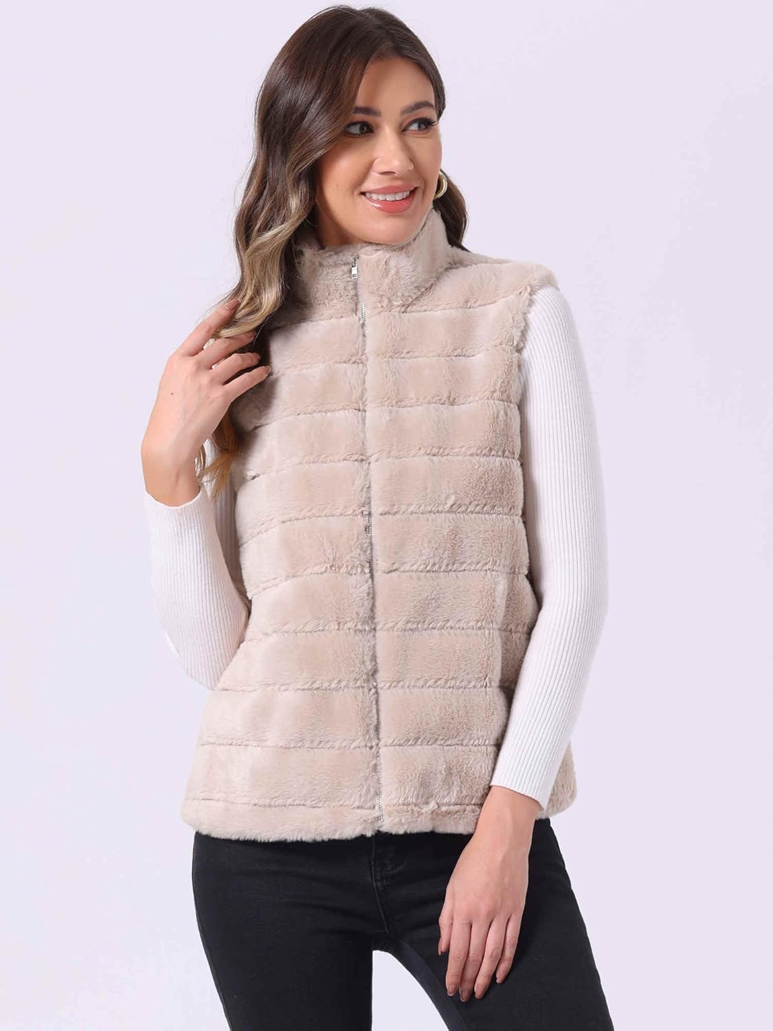 Allegra K Faux Fur Vest for Women's Zip-Up Sleeveless Fur Jacket - Image 3