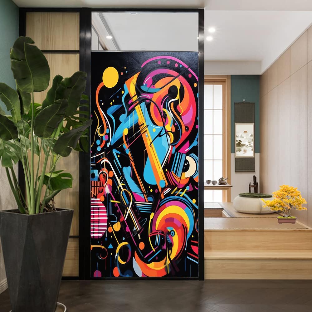 Abstract Music Piano Window Privacy Film Cartoon Musical Instruments Stained Glass Window Film Sun Blocking Heat Control Decorative Window Covering Film for Home Office 35.4Wx55.1L