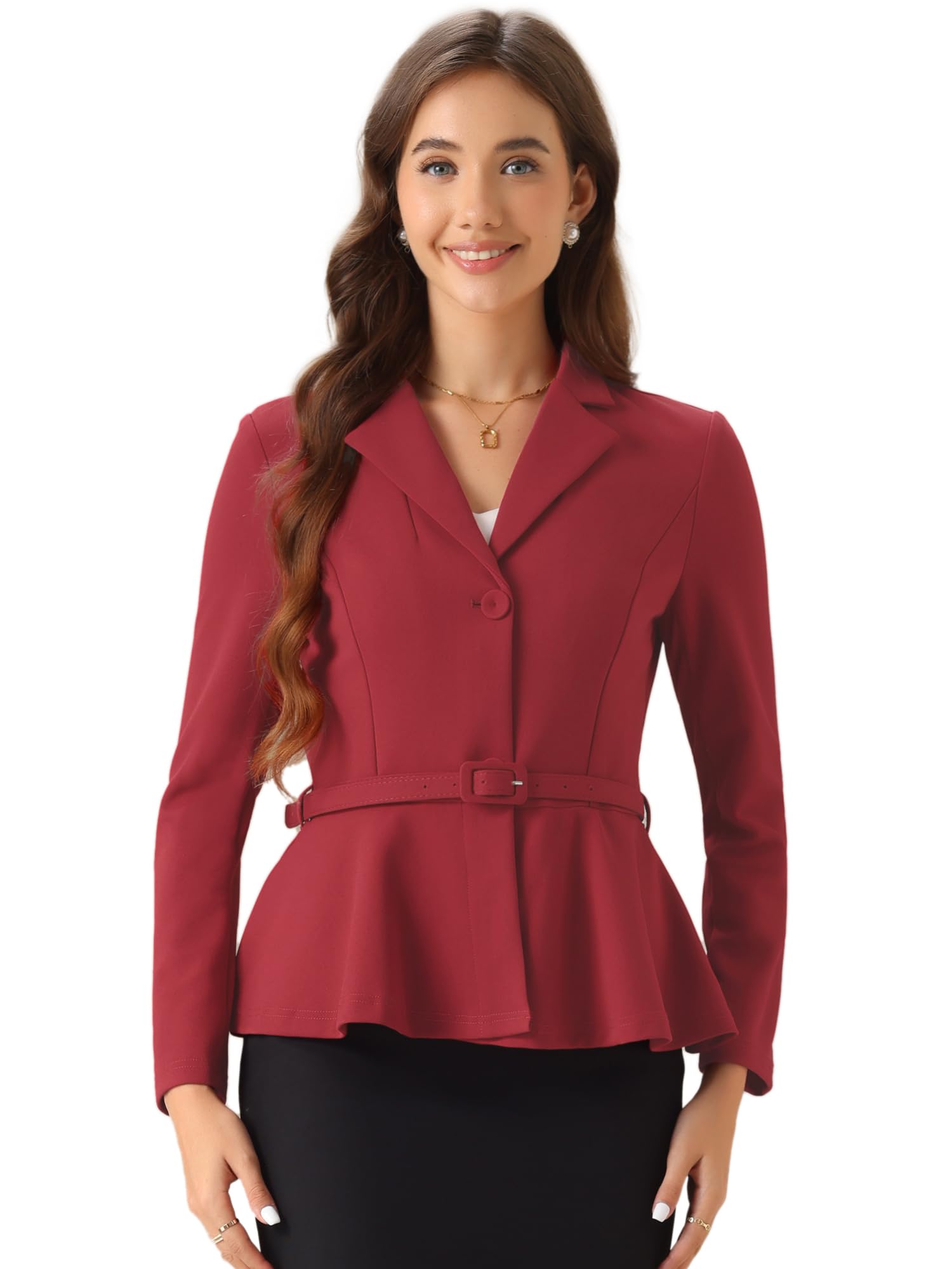 Allegra K Femme Blazer Vintage Bureau Revers Cranté Volants Ceinturé | Demi Doublure Ceinturée Boutonné devant Revers Cranté Ourlet à Volants Adapté Printemps Automne Hiver