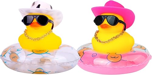 Pato de goma para automóvil, 2 unidades, decoración de tablero de automóvil, pato amarillo, accesorios de decoración de tablero con mini anillo de
