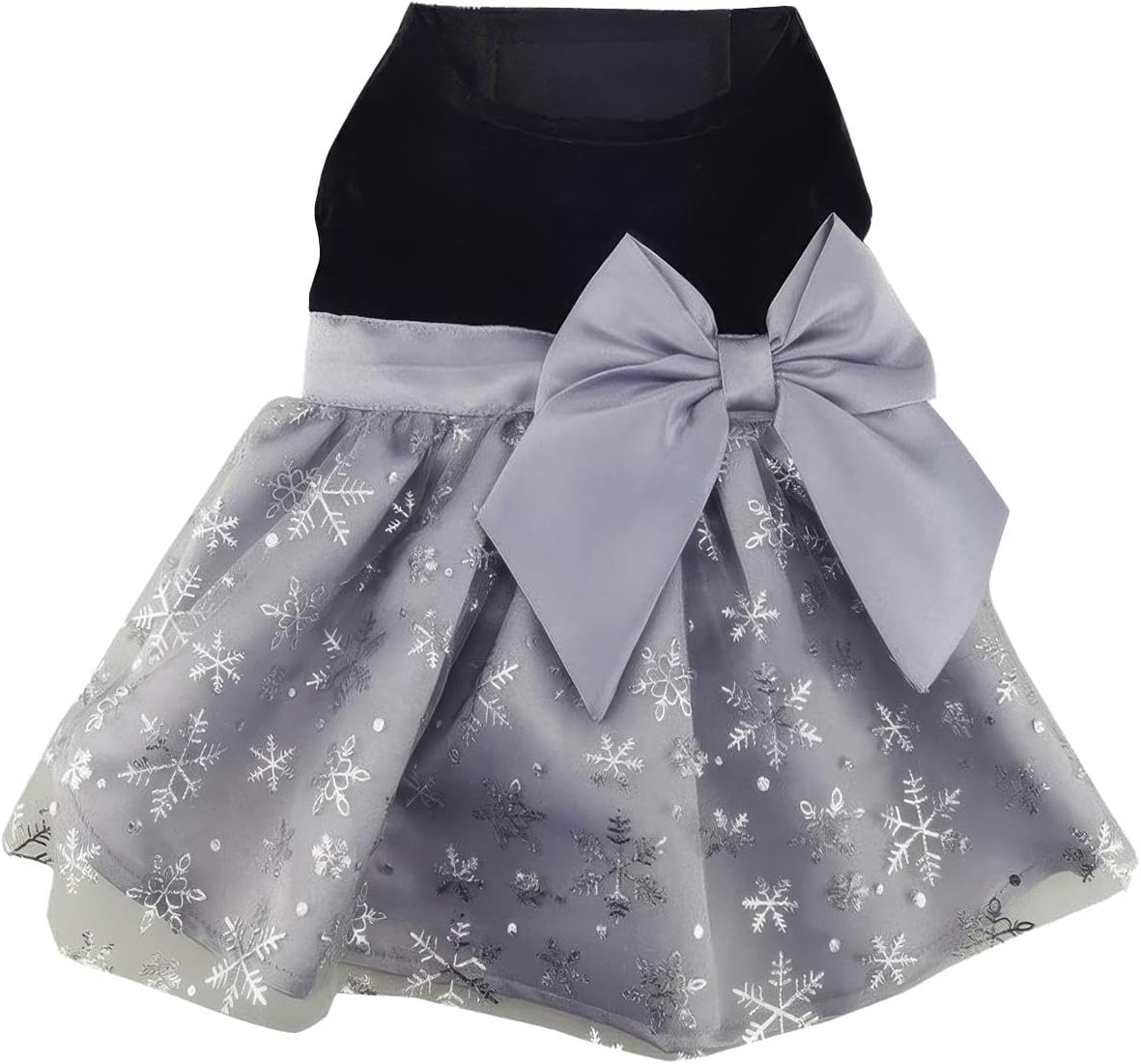 Holiday Dog Harness Dress - Black Velvet with Gray Snowflake Skirt (Small)