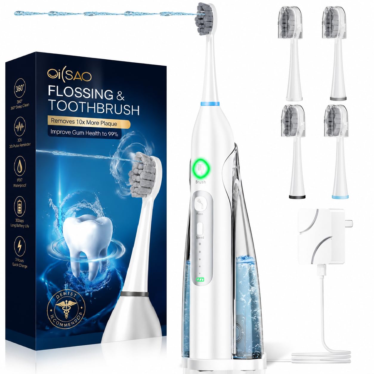 electric toothbrush with water flosser: all-in-one oral care with 3 sonic cleaning modes, 5 flossing speeds, 4 brush heads, portable for adults teeth cleaning and plaque removal,white