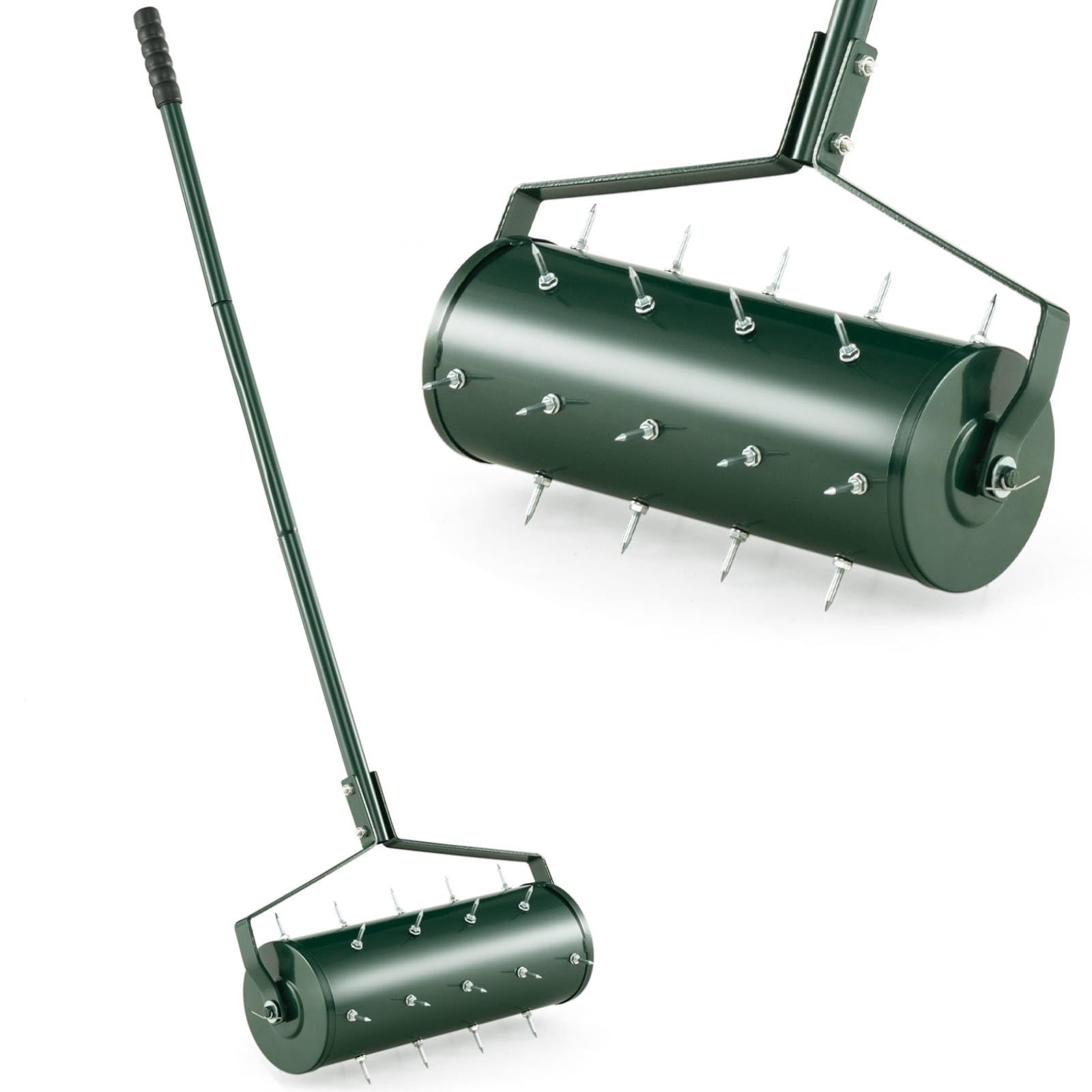 Wertykulator ogrodowy, ręczny wałek do trawy z kolcami, 45 cm/53 cm, z bębnem do napełniania i odłączaną rączką 130 cm, wytrzymały, obrotowy, stalowy, z zębami pchającymi i ciągnącymi (45 x