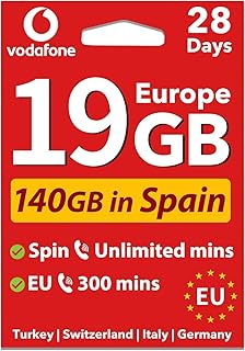 giffgiss Vodafone Europe Prepaid SIM Card 19GB Data in 34 Countries (Spain 140 GB+Unlimited Calls) Supported Mobile Hotspot Travel Use in UK Switzerland Turkey Italy for 28 Days Cell Phone sim