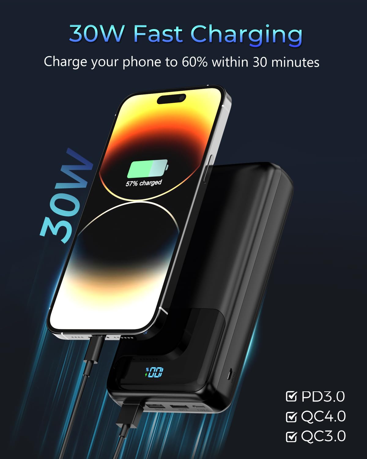 Power Bank 50000mAh, 30 W Batteria Esterna Ricarica Rapida,PowerBank con USB-C 4 uscite e 2 ingressi LED Display Power Bank Per Cellulare Tablet Campeggio