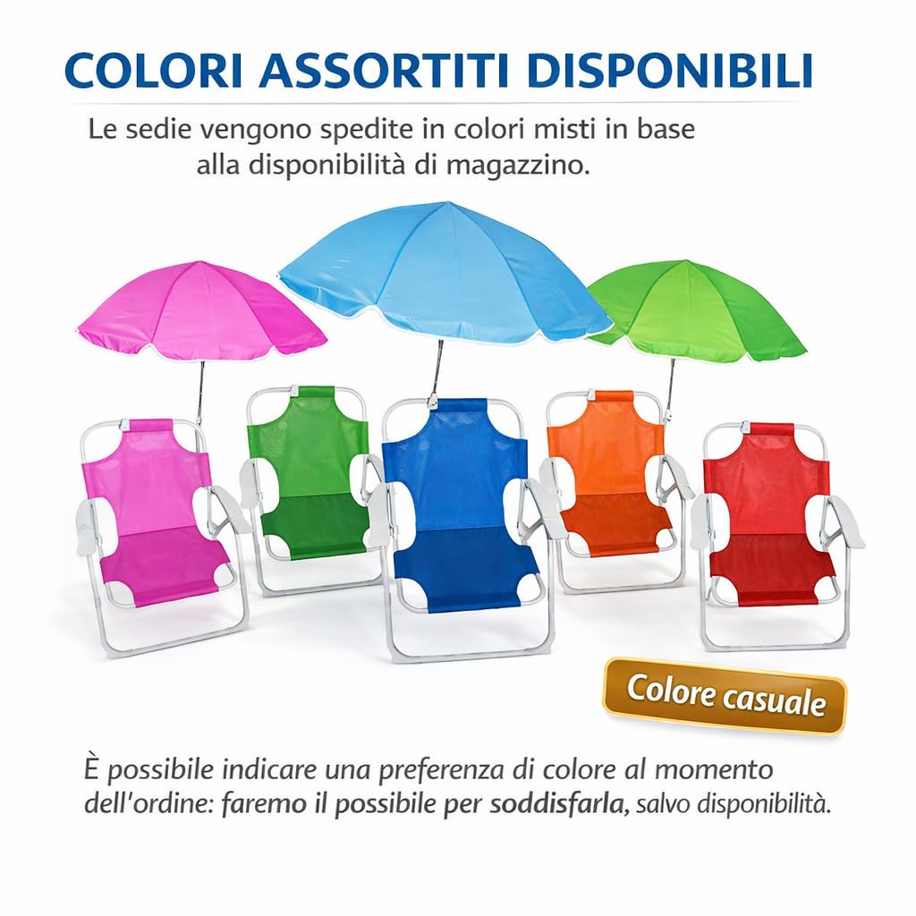 Spiaggina Sedia Sdraio Pieghevole per Bambini con Ombrello Integrato – Sedia Mare Compatta 47×37 cm, Colori Assortiti