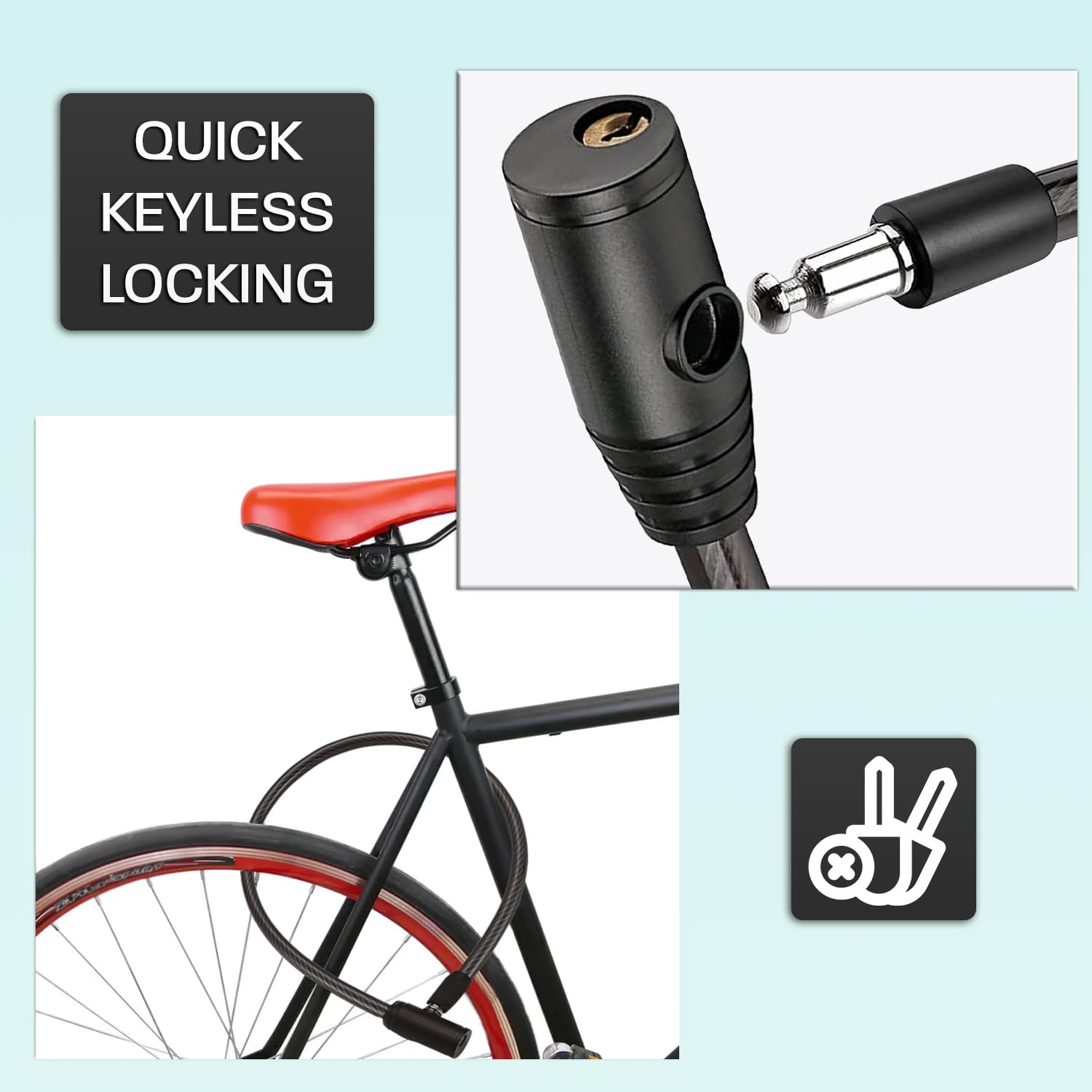 Lucchetto bici 2 pezzi rinforzato di cavo 60 cm Acciaio resistente con sistema di chiusura a chiave Sicurezza avanzata Durevole e facile da usare (Nero)