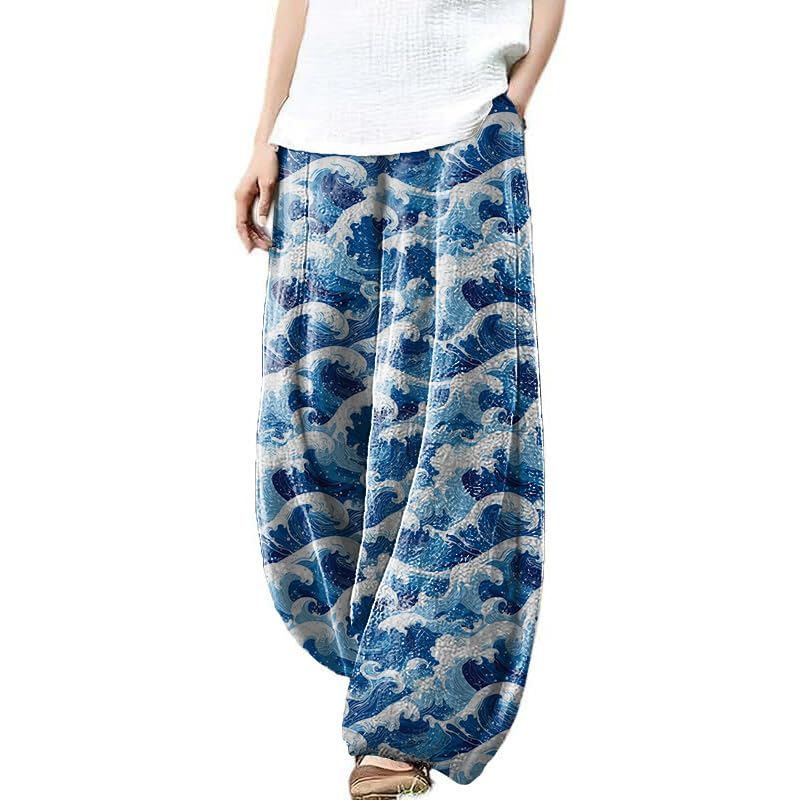 MARSVOVO Women's Harem Pants Comfy Soft Wide Leg Pants Elastic Waist Oversized Casual Relaxed Vacation Flowy Pants