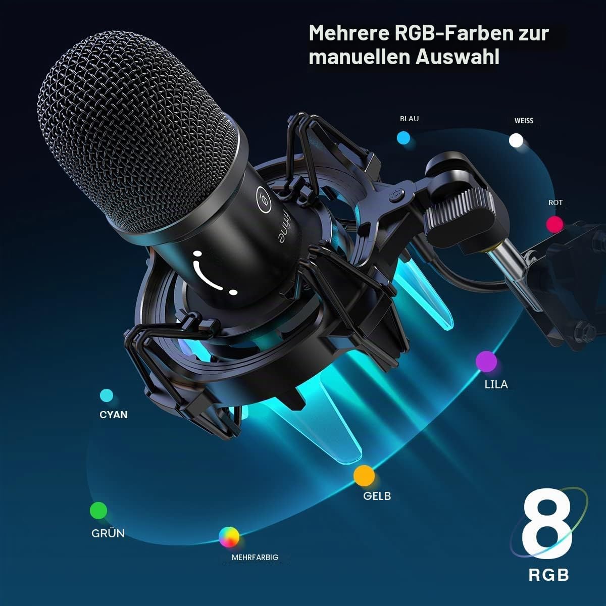 FIFINE Gaming Mikrofon PC mit Arm, 8 RGB Steuerungsmodi USB Microphone für MAC PS4 PS5, Dynamisches Microfon mit Mikrofonarm, Stummschalttaste, Shock Mount