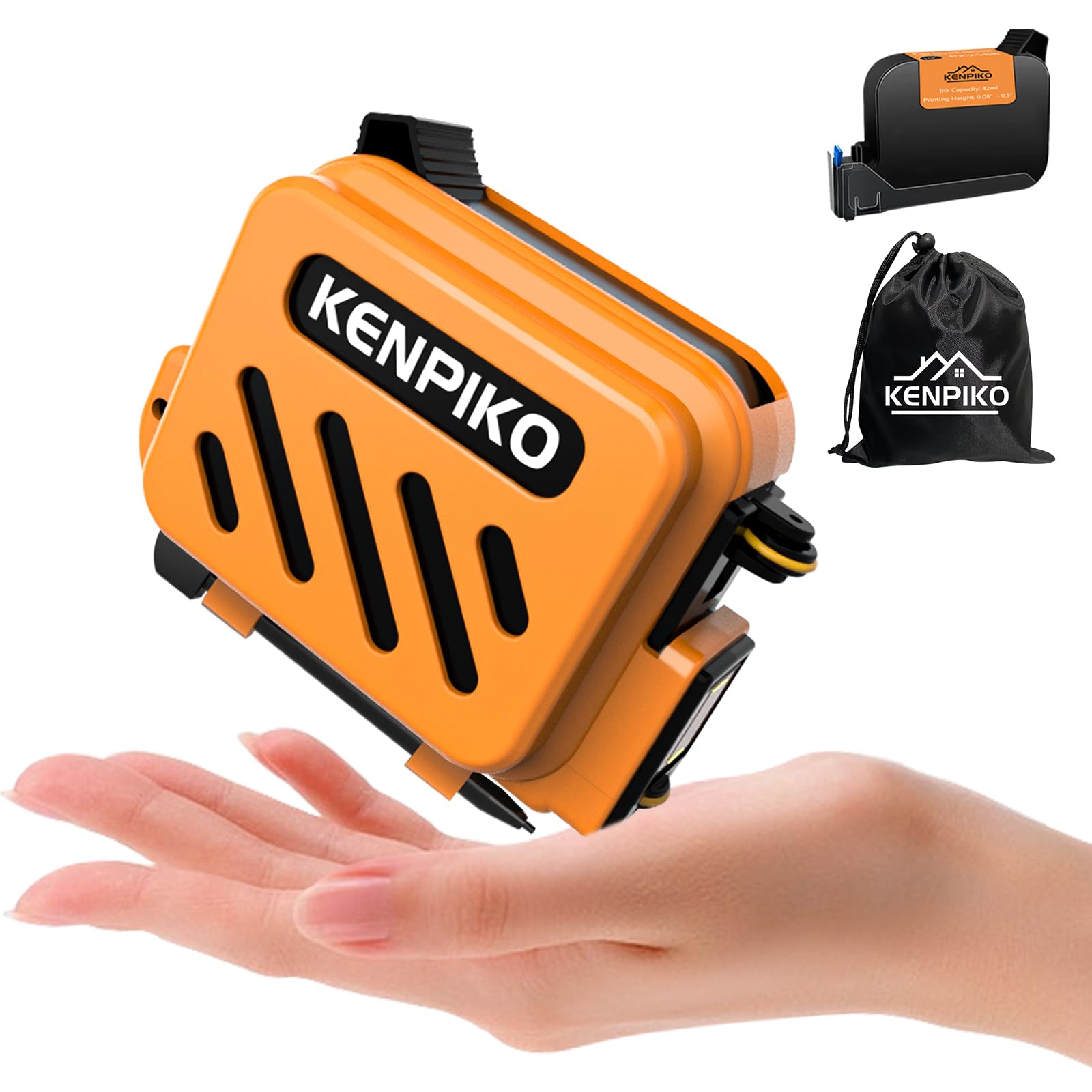 Kenpiko Pocket Handheld Printer, Mini Inkjet with 42 ML Quick-Drying Ink Cartridge, 0.5 Inch Print Height for Barcode, Logo, Date (28 Languages)