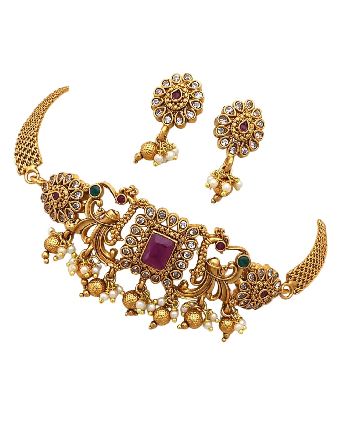Temple Necklace Set with Earrings | Traditional Ethnic Gold-Plated Jewelry Set for Women | Bridal-image-10