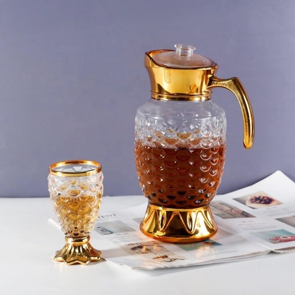 Image of Premium Golden Glass Water Jug & Glasses Set of 7, Crystal Drinking Set with 1 Pitcher & 6 Glasses, Decorative Gold Jug Set for Water, Juice, Mocktail, Home, Dining Table & Party