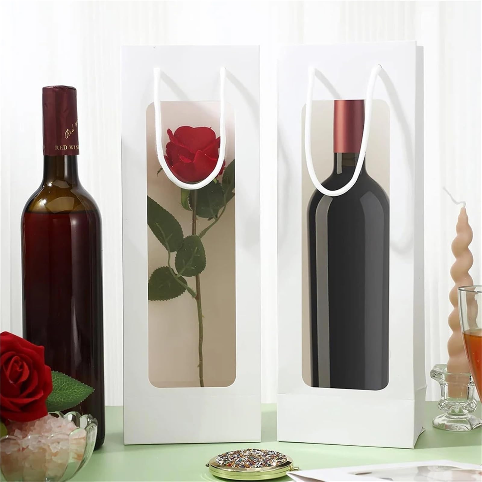 Weinbeutel für Weinflaschen, Kraftpapier, Geschenktüten mit Fenstergriffen, Hochzeit, Valentinstag, Geburtstag, Party, zum Aufbewahren und Transportieren, 10 Stück