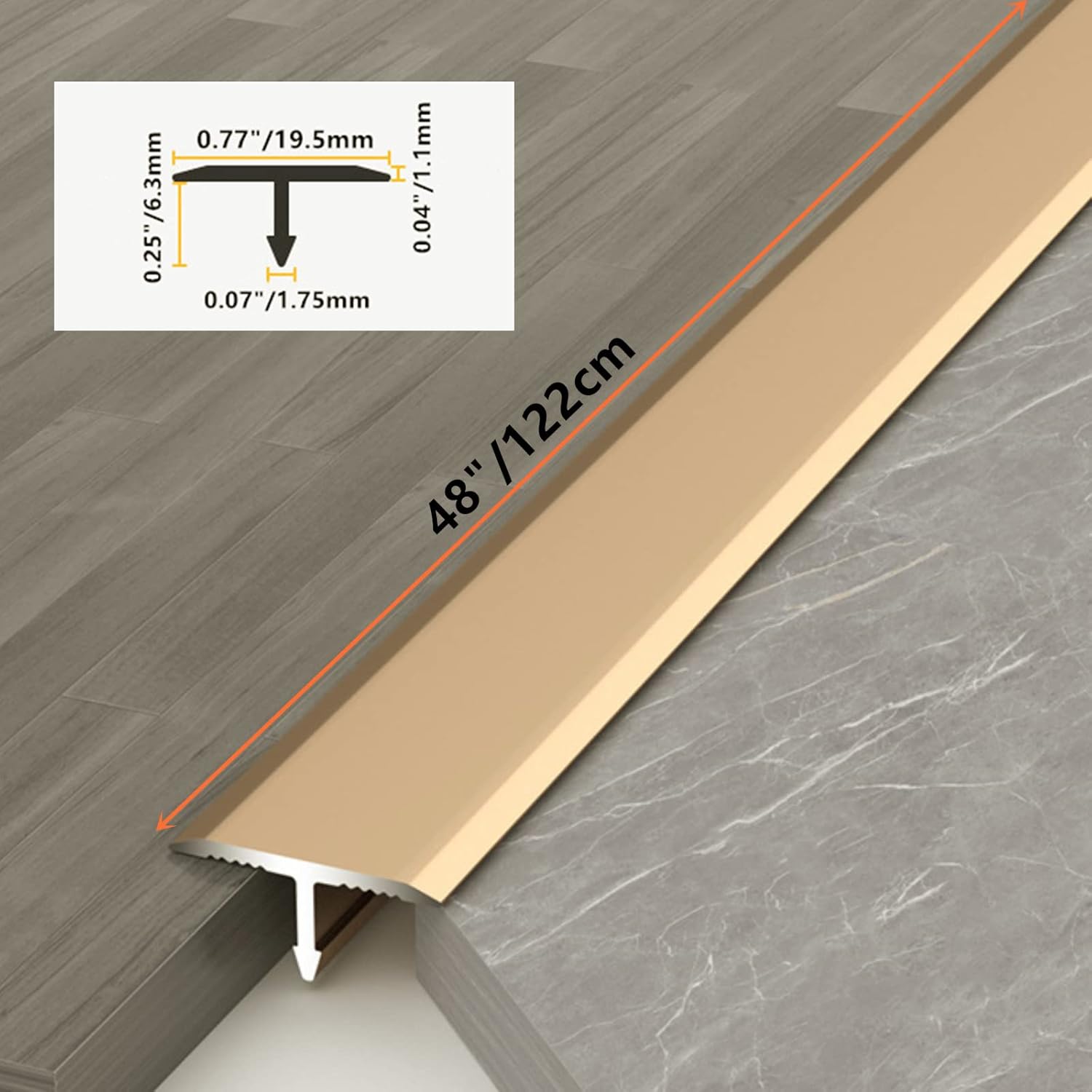 10 Pcs Aluminium Alloy T Molding Floor Transition Strip 48" Long Doorway Edge Trim 0.77"/19.5mm Wide Gold