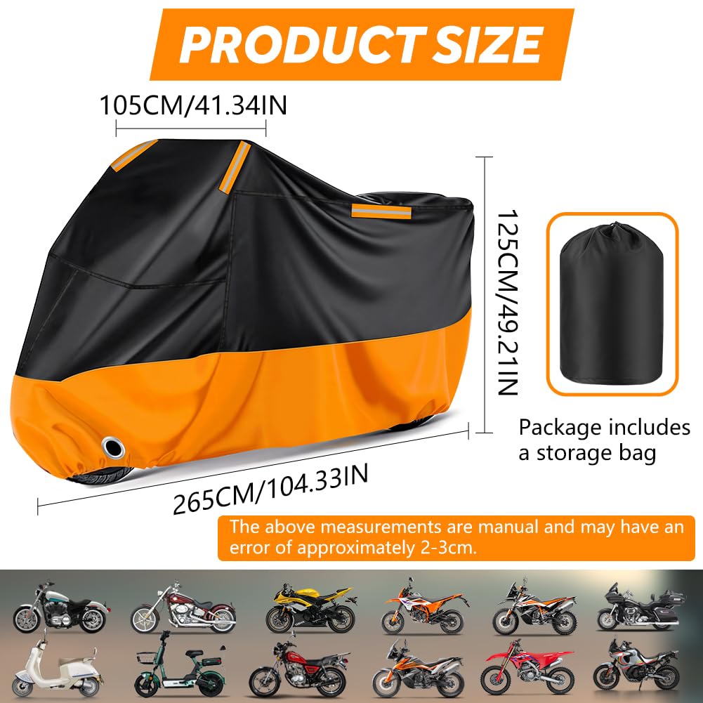 Funda Moto Impermeable Exterior Interior, 210D Tela Oxford con Tiras Reflectantes Resistente Agua, Sol y a Los Excrementos de Pájaros para Variedad de Motocicletas-265x105x125CM — view 3