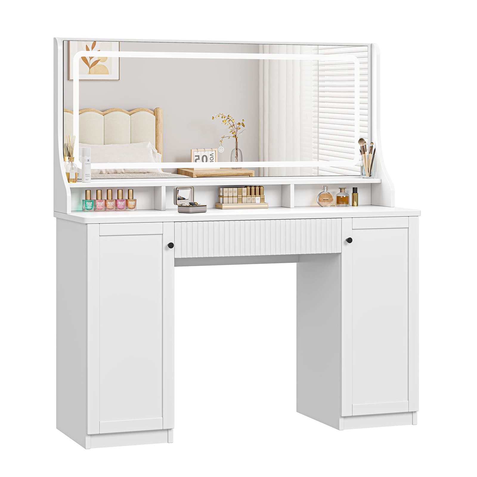 Dripex Makeup Vanity Desk with Large Mirror LED Lights 46.5'' Vanity Table with Large Drawers Cabinets and Floating Open Shelf Lighted Mirror Dressing Table with Power Outlet and Charging Station