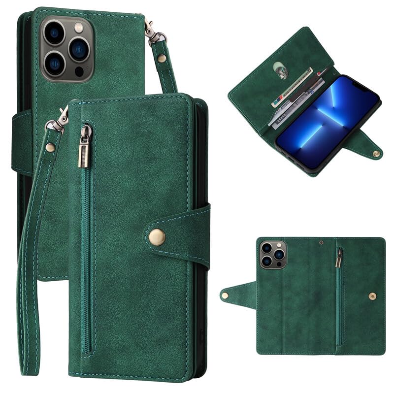 Coque portefeuille iPhone 15 vert en cuir pour ranger vos cartes en sécurité