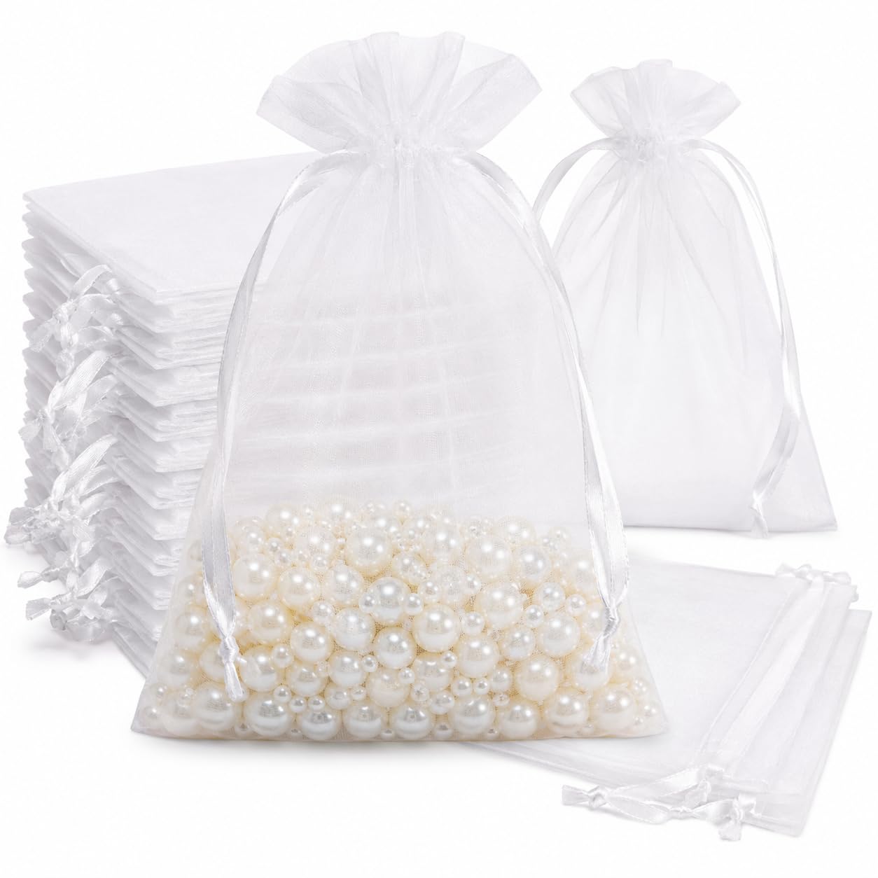 Hopttreely 50Pcs White Organza Bags 6x9 Inches, Large Mesh Gift Bags Drawstring, Jewelry Pouches Candy Treat Sachet Mesh Bag Drawstring for Wedding Party Favors Baby Shower and Fruit Protection