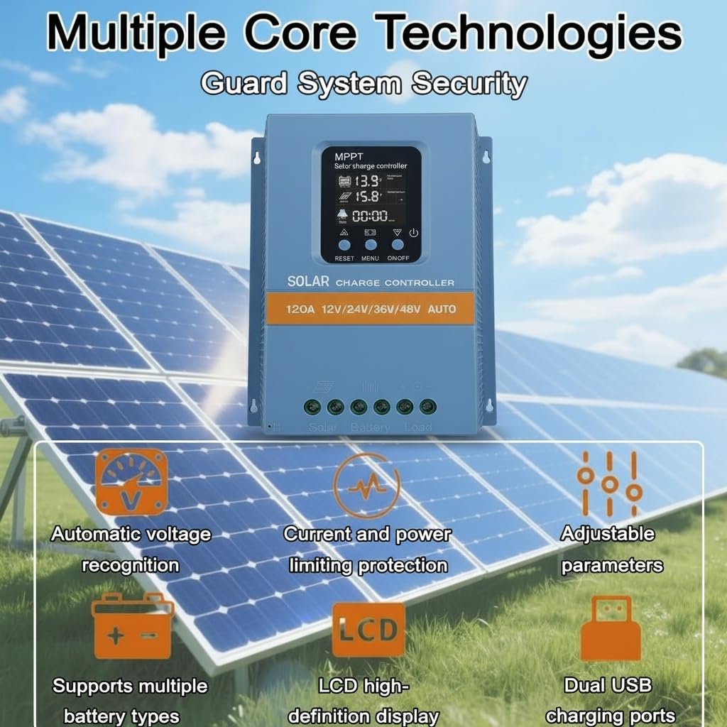 Profesjonalny kontroler ładowania solarnego MPPT 120 A, 12 V/24 V/36 V/48 V, wyświetlacz LCD, podwójny USB, wejście 100 V, do domu, kampera, łodzi
