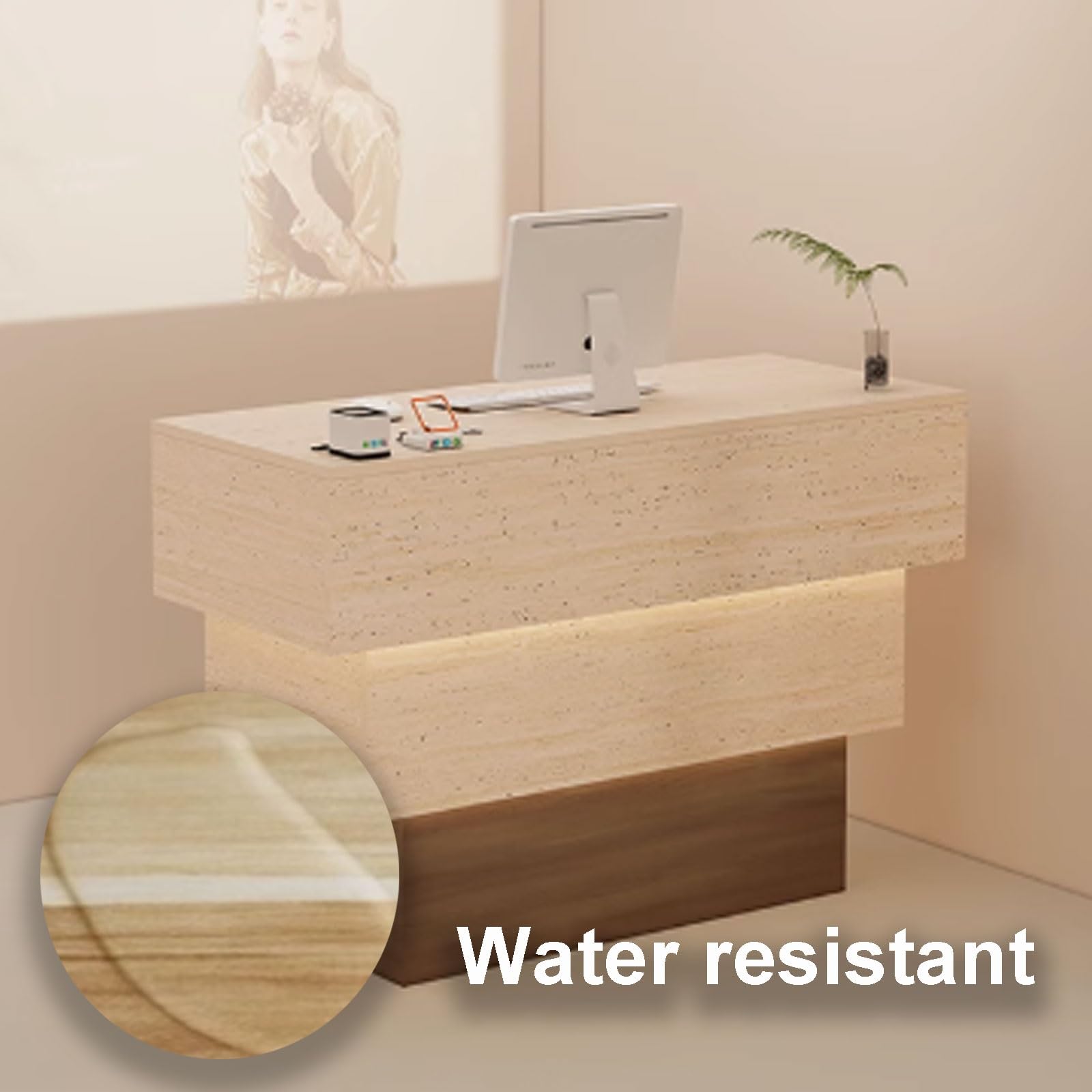Elegante scrivania per reception con luce ambientale morbida per negozi di abbigliamento e ristoranti, moderno bancone anteriore bianco e nero, 110 x 50 x 90 cm, design elegante e funzionale