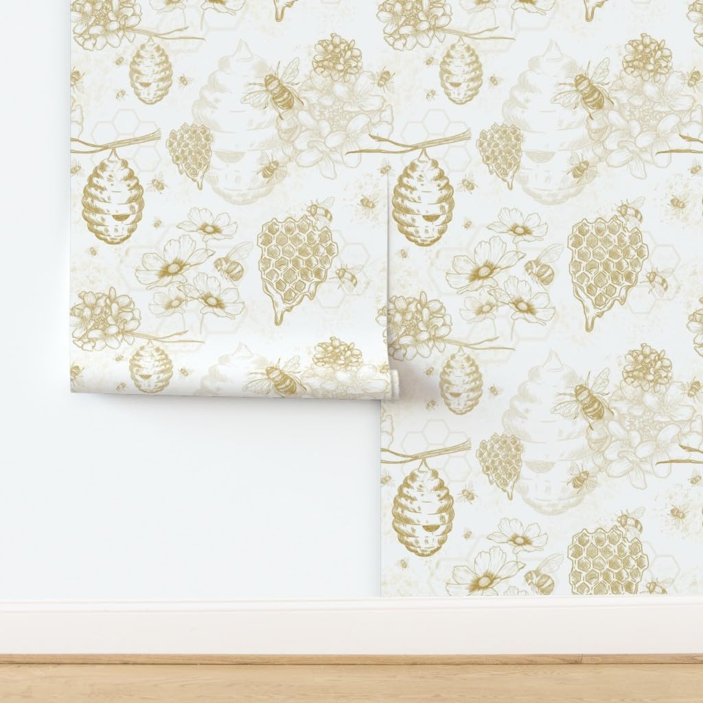 Spoonflower Peel & Stick Wallpaper Swatch - Beehive Honeybee Toile Large Yellow Flowers Mustard Gold Bee Honey Custom Removable Wallpaper