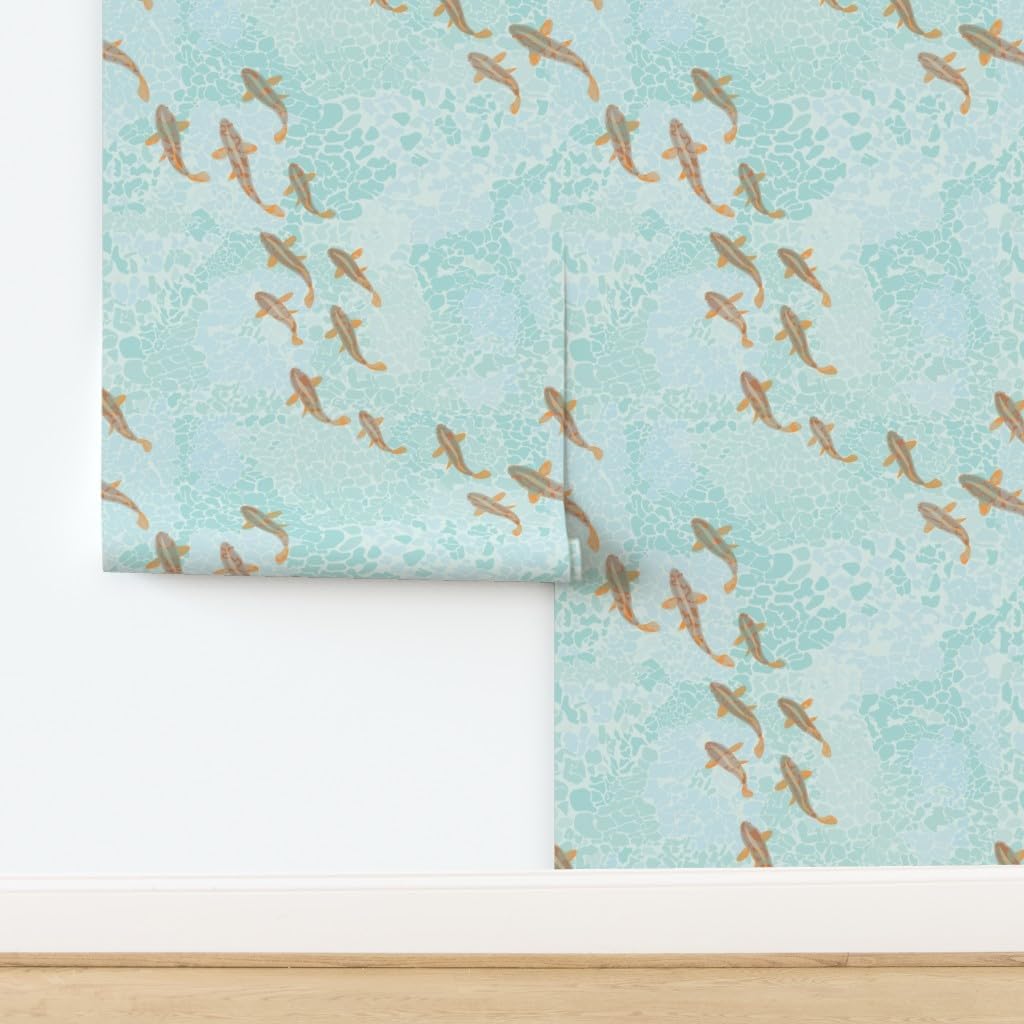 Peel & Stick Wallpaper 3ft x 2ft - Orange Fish Water Sea Ocean Wave Nautical Custom Removable Wallpaper by Spoonflower