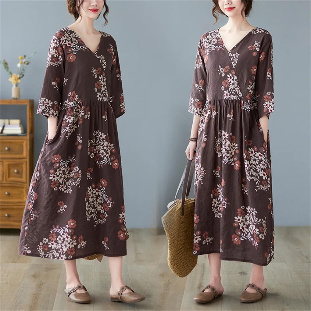 Vestido de verano con cuello en V, delgado, ligero, suave, holgado, para mujer, estampado floral, vacaciones, playa, casual, batas largas