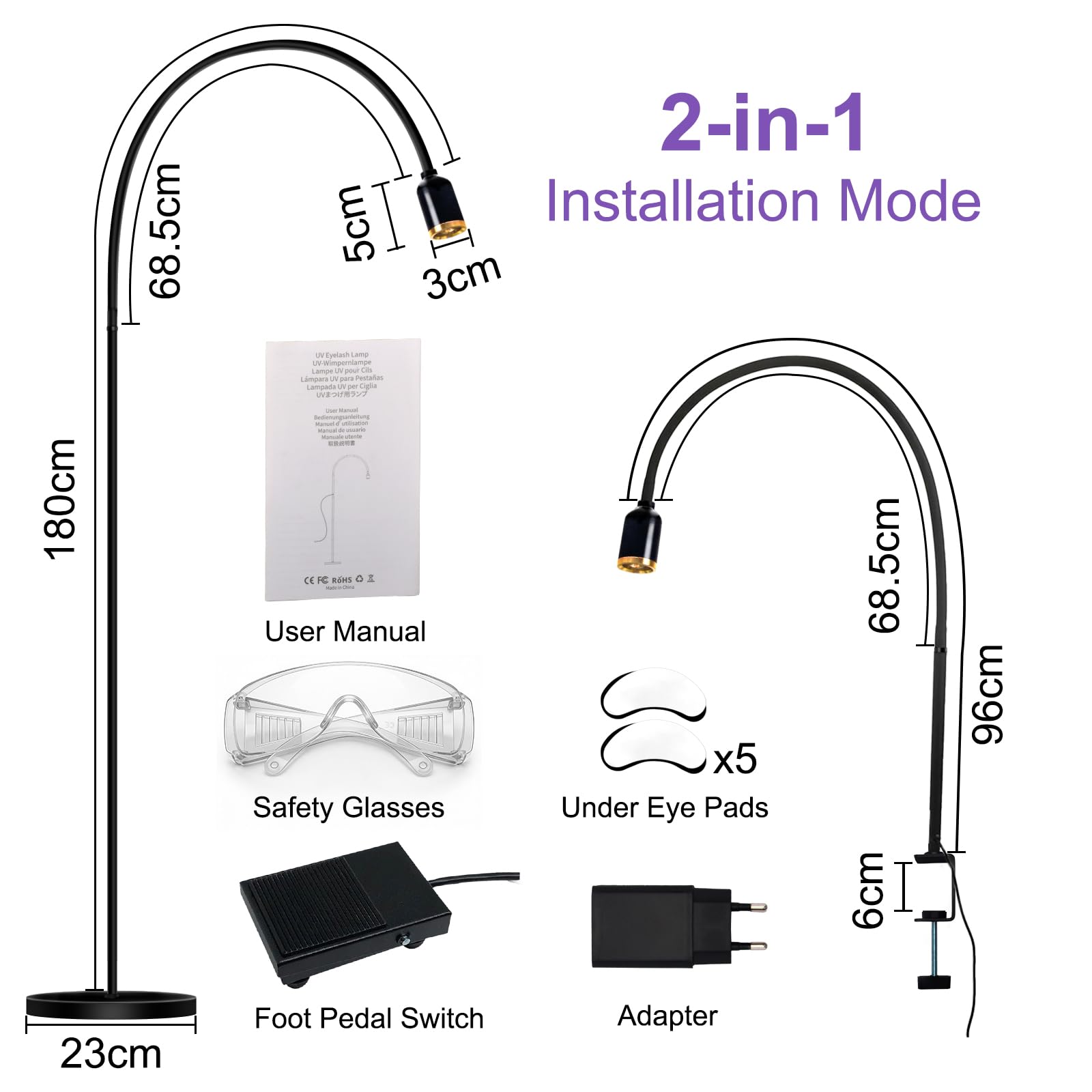 CGBE 2-in-1 UV Lampe Wimpernverlängerung: 10W UV Wimpern Lampe mit Fußschalter - 360° Flexible Schwanenhals - 2-3 Sekunden Schnelle Aushärtung - Einstellbare Spotgröße - UV Licht für Gelnägel Wimpern