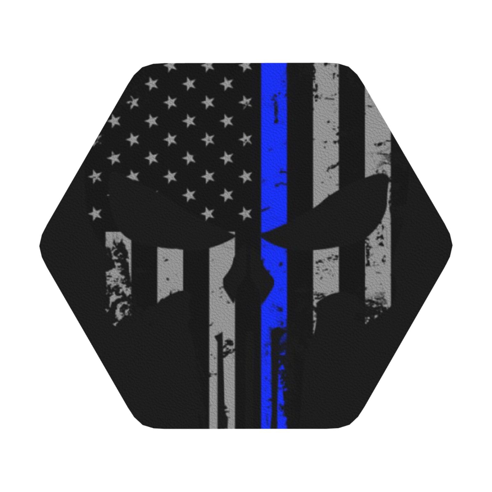 Blue Stripe Stars Skull PU Leather Coasters Set of 6 Hexagon Drink Coasters