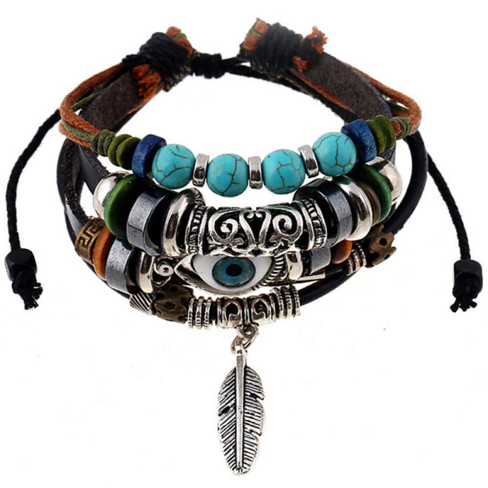 Pulsera De Cuero Para Mujer,Pulsera De Cuero Retro De Múltiples Capas Pareja De Estudiantes Aleación Colgante De Plumas Pulsera De Cuentas Temperamento Tejido Pulsera De Cuero Para Hombres Y Mujeres