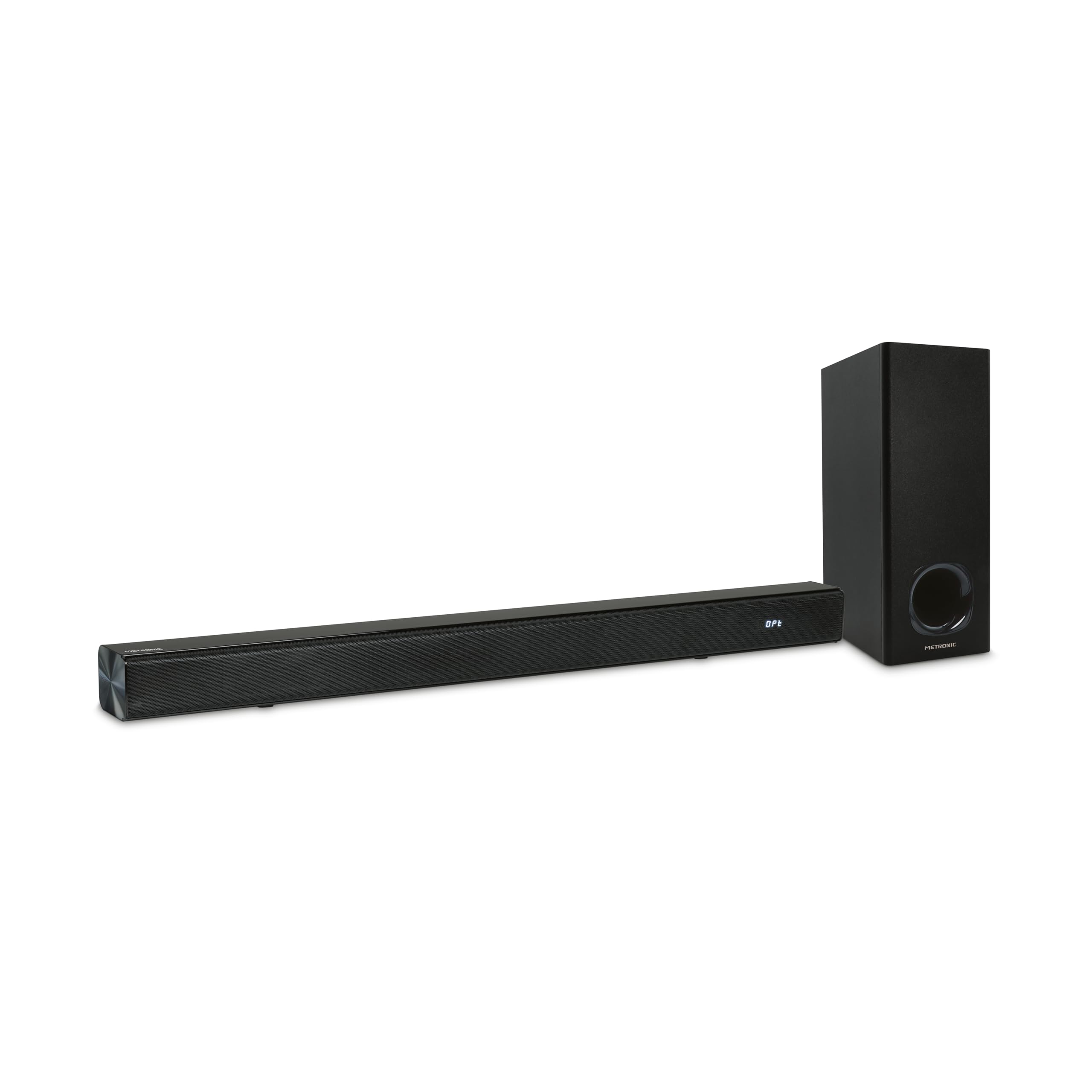 METRONIC 477592 Barre de Son TV avec Caisson Basses Filaire, Bluetooth 5.3, Enceinte Home Cinema Type Soundbar pour Téléviseur Toutes Marques, Télécommande, Montage Mural avec Kit ou à Poser