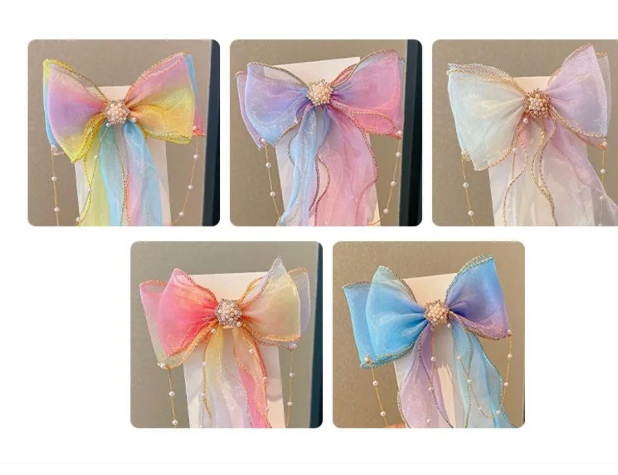 Diversa Cute Colorful Rainbow Ribbon Bow Clip Pearl Bow Hair Clips for Girls Kids Women Princess Style Hair Accessories - 3 pieces, Multicolor (B0CVFSBBCR) Amazon Price History, Amazon Price Tracker
