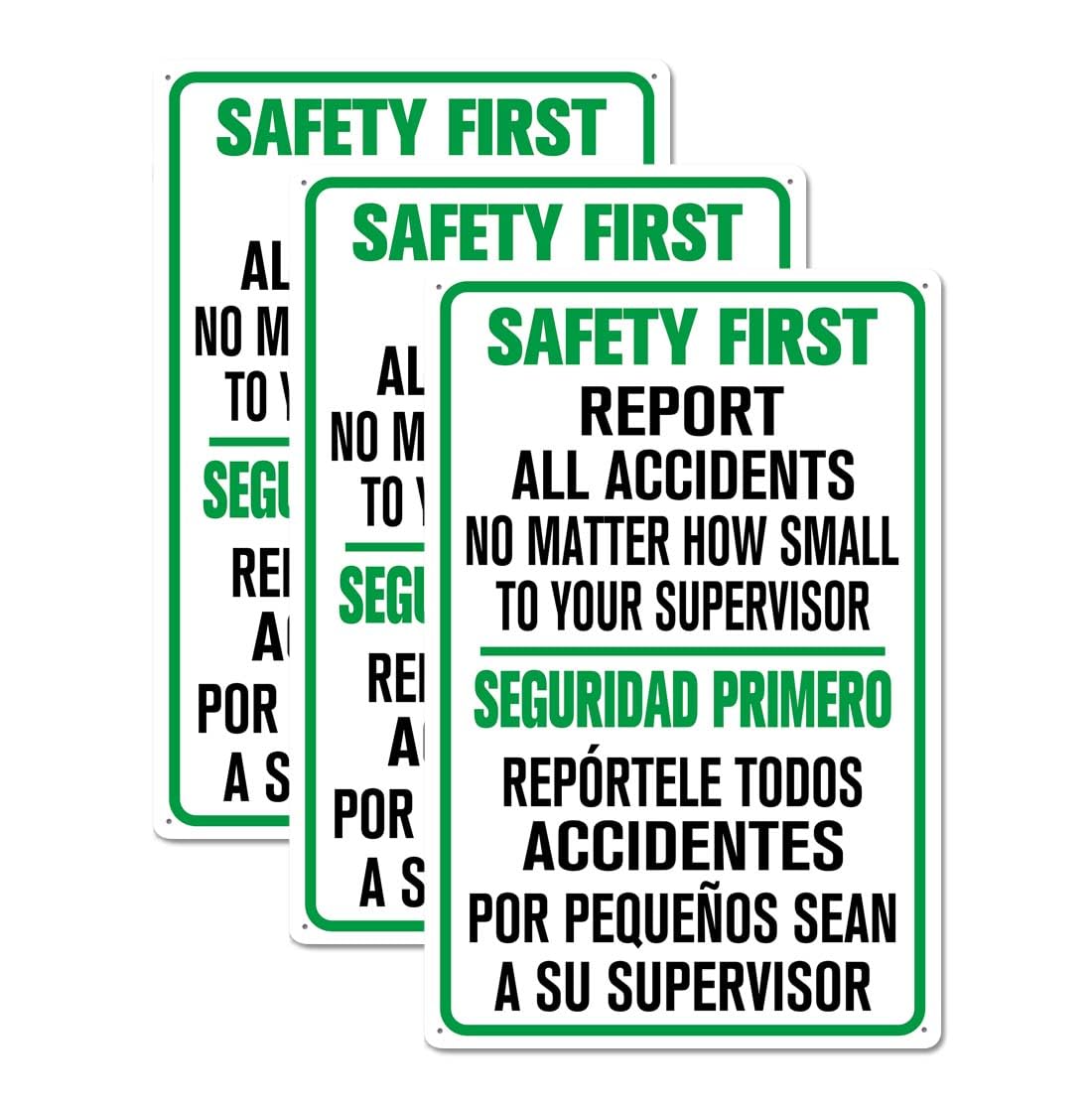 3 Pack 8x12 Inch Aluminum Safety First Sign Report All Accidents To Supervisor Signs Safety Bilingual Sign for Workplace, Business, and Construction Site
