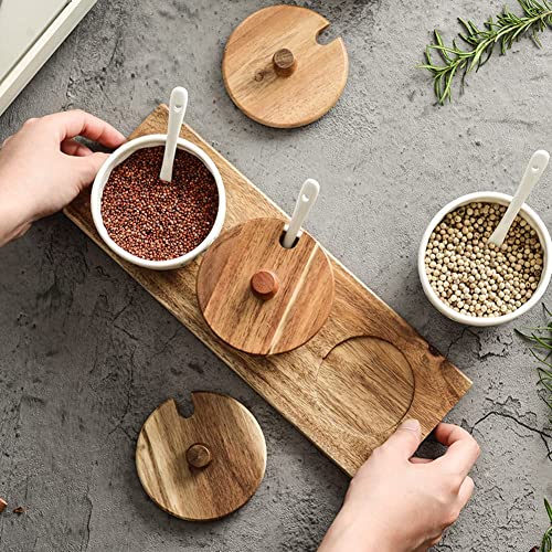 Aebor Ceramic Condiment Jar Spice Container With Wood Lids And Ceramic Spoons,Wooden Tray, For Kitchen, Counter, Food Storage, Embossed Porcelain Condiment Jar Spice (Set Of 3) #TOP4