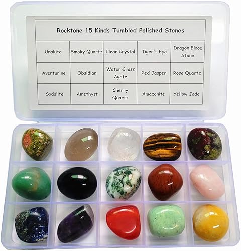 Rocktone 15 piedras pulidas piedras de bolsillo cristales curativos cuarzo ahumado amazonita sodalita amatista piedras unakita