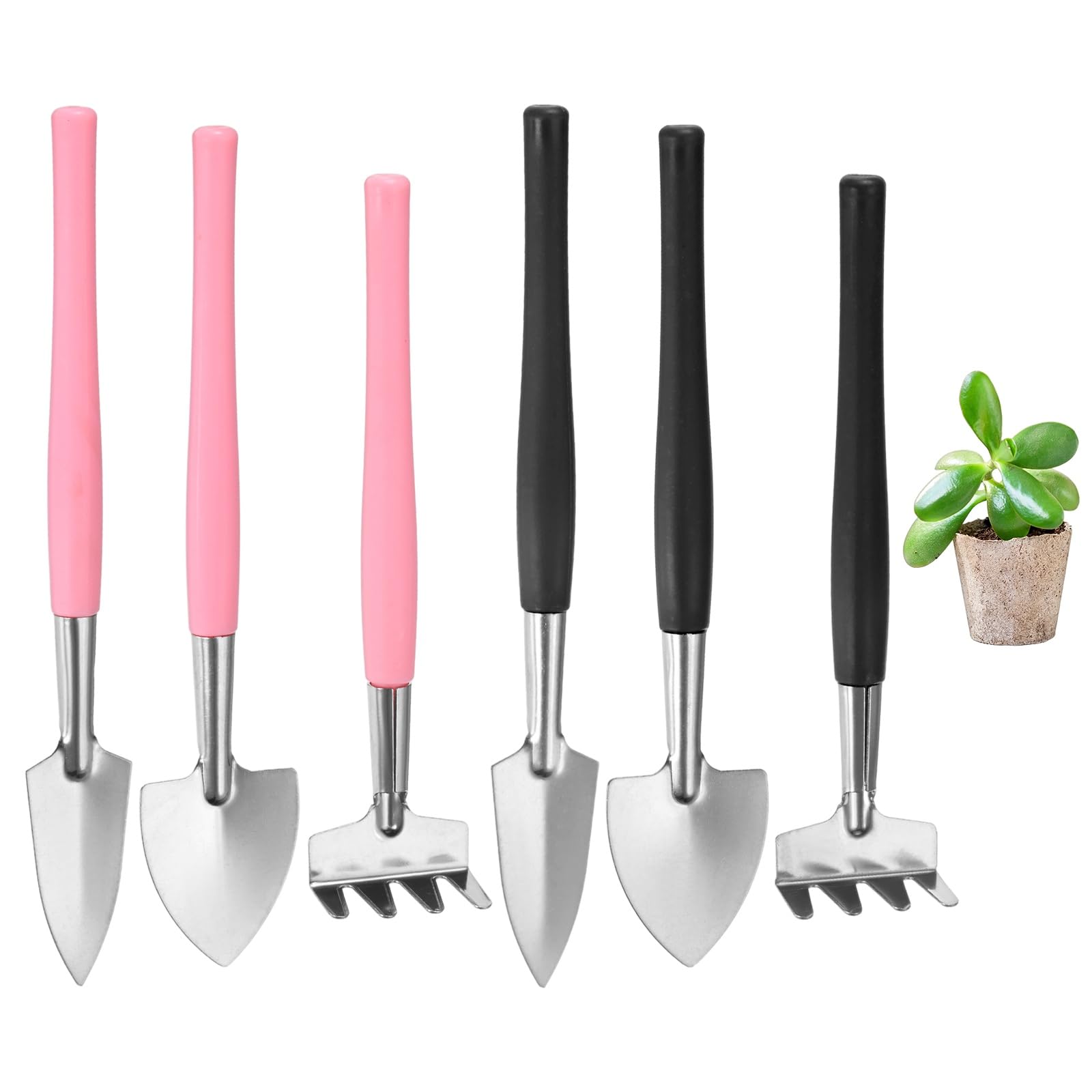 M METERXITY 2-Set Mini Gardening Tools, Stainless Steel Miniature Gardening Rake, Trowel, and Shovel for Seedlings/Bonsai/Succulents/Herbs/Terrariums and Planting [Black/Pink]