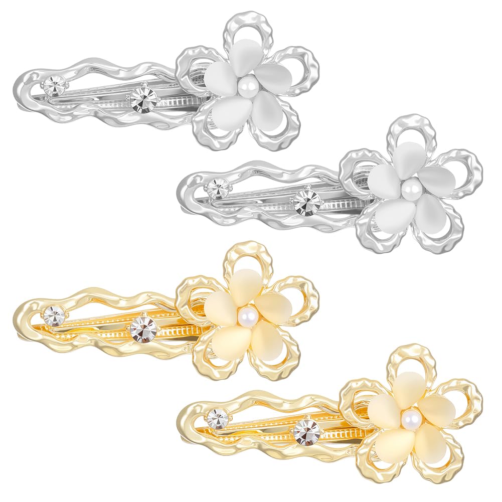 HOBBIESAY 4Pcs Flower Snap Hair Clips Alloy Rhinestone Flower Barrettes Gold and Silver Cute Hairpins Beautiful Hair Accessories for Women Party Festival Decoration 2 Colors 1.1x2.3 Inches