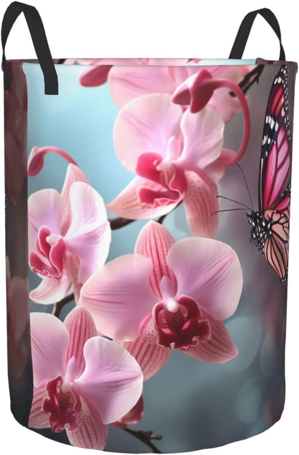 Orchid Flower Butterfly Soft Fresh Spring Laundry Basket With Handles, Foldable Laundry Hamper Oxford Cloth Dirty Clothes Basket Waterproof Clothes Toys Storage Bin Organizer for Bedroom Bathroom Dorm