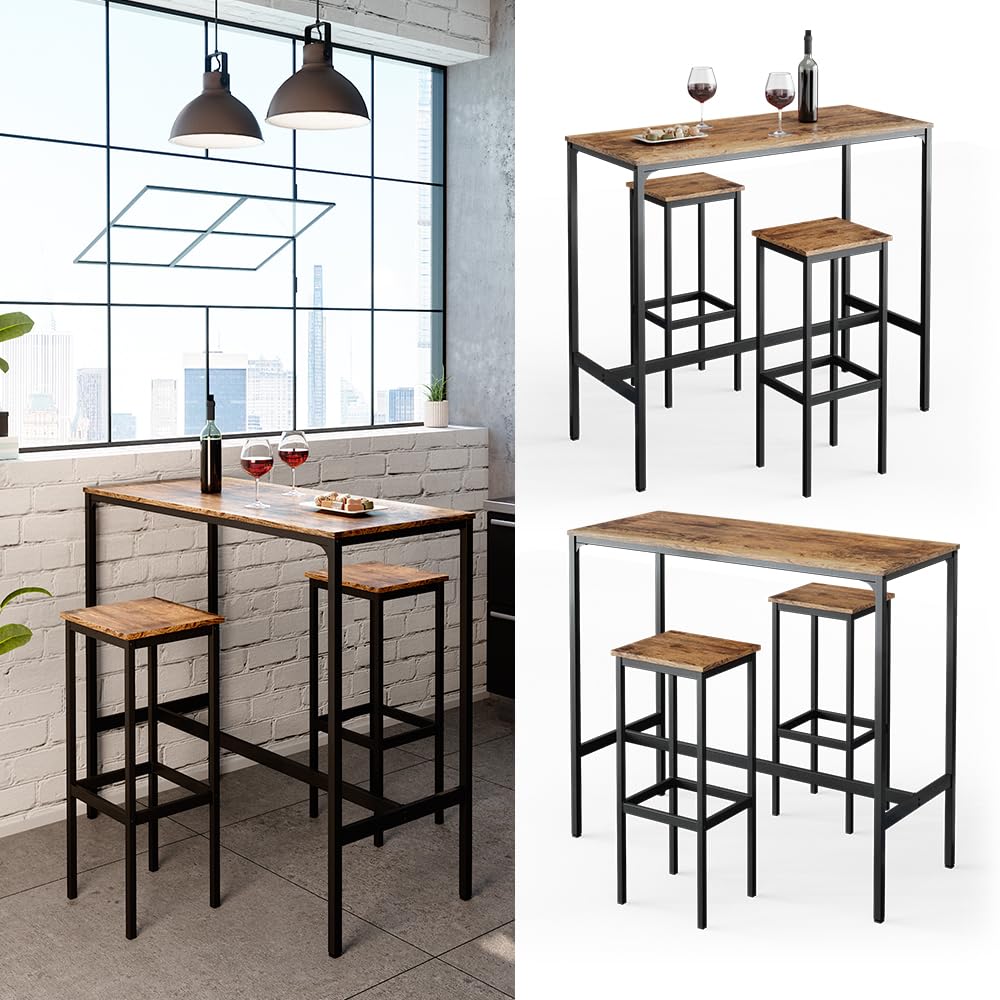 Vicco Set de Mesa de Bar Fyrk, Madera Antigua, 120 x 50 cm con 2 taburetes de Bar, Apto para Barras y encimeras de Cocina, apilable para Almacenamiento