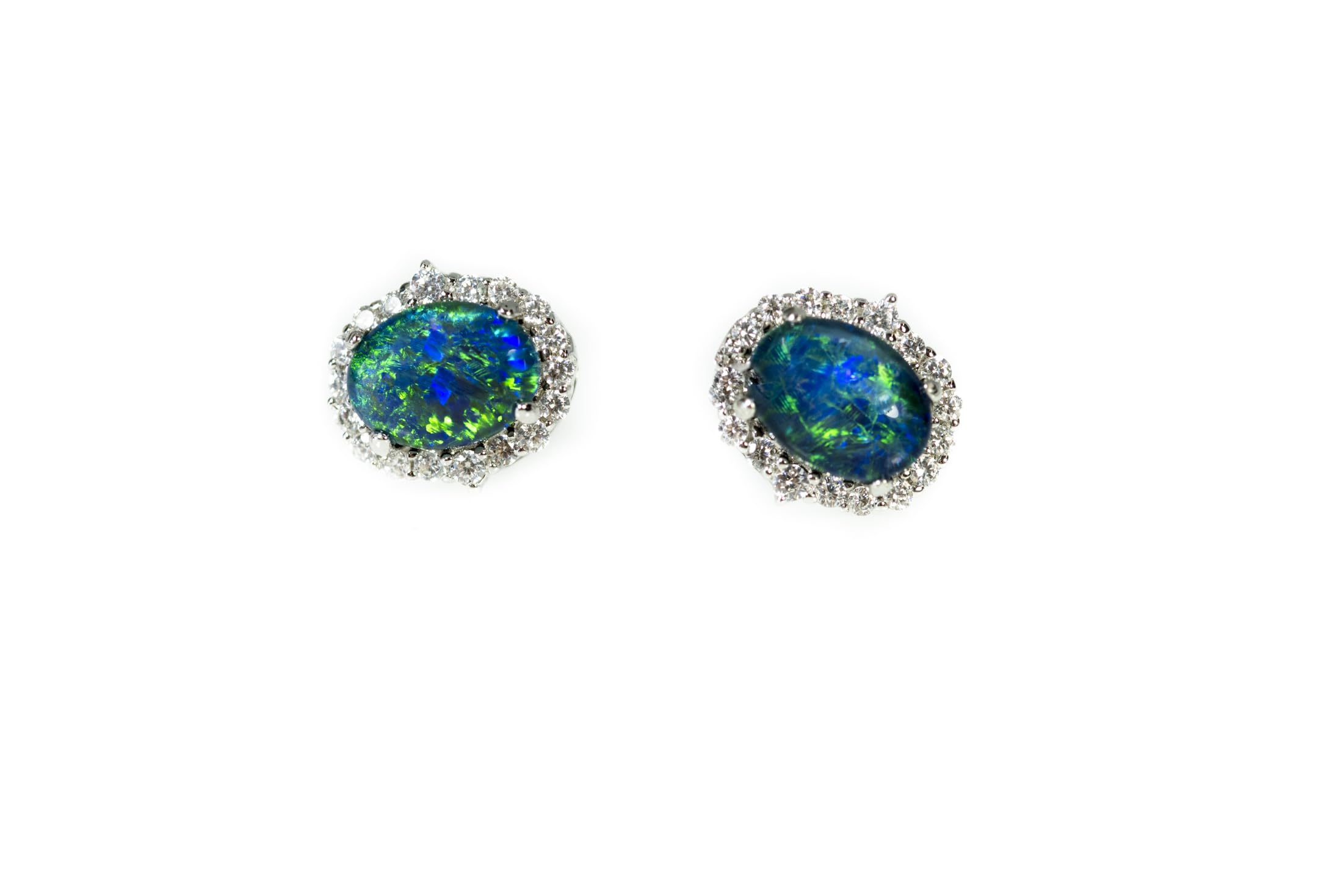 Opal GalleryAustralian Triplet Opal Earrings - Genuine Triplet Opal Earrings in White Gold Plated on Sterling Silver - Blue Green Halo Style Women's Jewelry