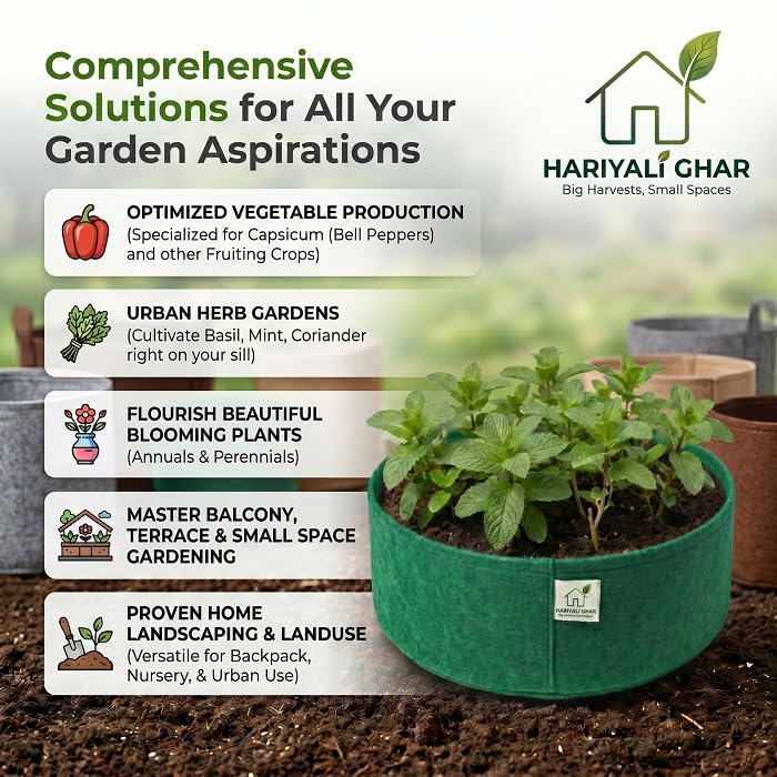 Image of 400 GSM Geo Fabric Round Grow Bags 15x6 Inch, Green Planting Bags for Terrace and Kitchen Gardening Pack of 3