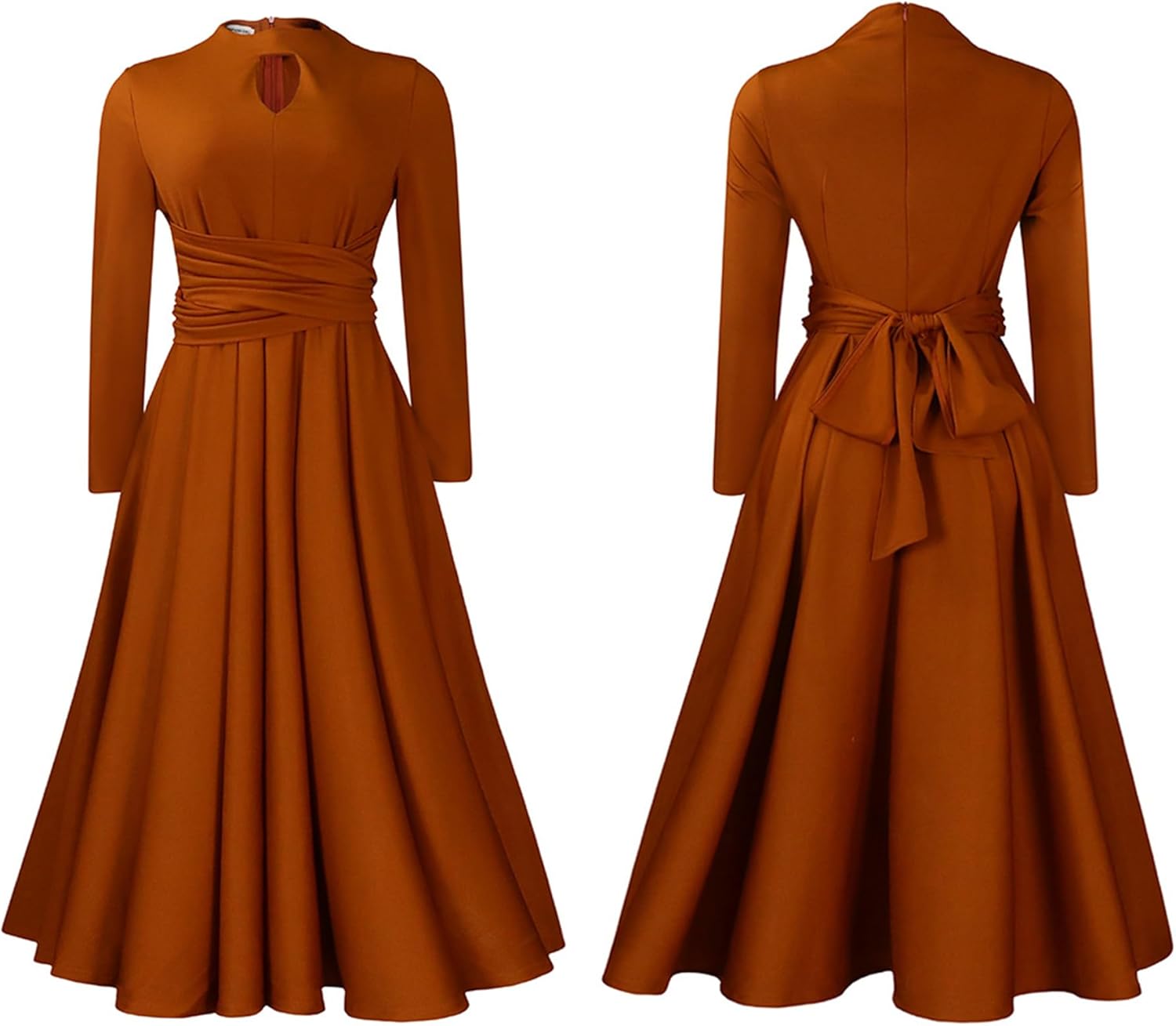 Women's Long Sleeve Maxi Dress High Waist Ruched A Line Swing Cocktail Party Dresses Plus Size - Image 3