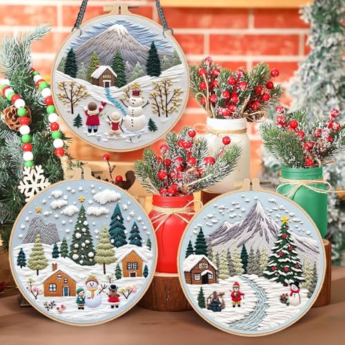 Image of LB Christmas Embroidery Kit for Beginners Adults, 3 Sets Hand Embroidery Starter Kit with Mountain Pattern and Instructions Stamped Cross Stitch Kits Include Embroidery Hoop Needles Threads Scissors