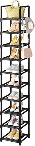 Miniatura 1 de Zapatero alto estrecho de 10 niveles para zapatero de armario, estante de almacenamiento para zapatos con 5 ganchos, estante de zapatos de metal