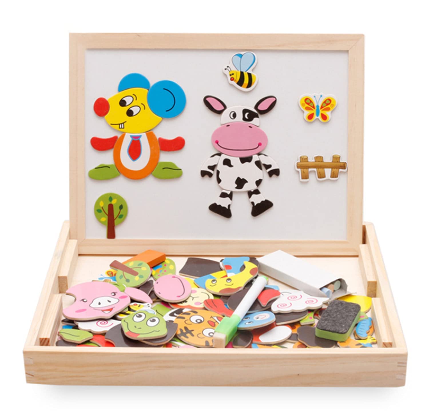 Material: Wood SIZE:25CM*22CM*3CM WEIGHT:800G PACKAGE INCLUDING: 1* BLACK AND WHITE BOARD 2* CHALK 1* ERASER 1* FREE INK PEN 70* COLOR MAGNET