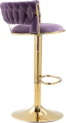 Miniatura 16 de Juego de 2 taburetes de bar giratorios modernos, taburete de bar de terciopelo ajustable en altura con respaldo y reposapiés dorado para comedor,