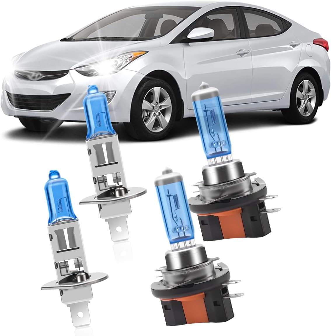 Headlights for Hyundai Elantra 2007-2012, Halogen Headlight Bulbs, H1 High Beam + H11B Low Beam, Plug & Play, Pack of 4