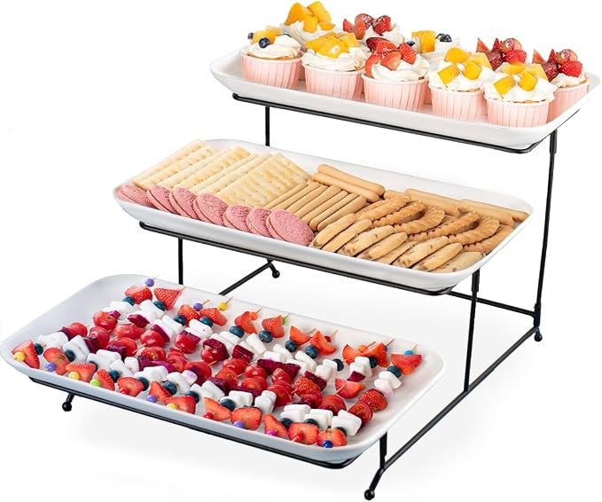 DELLING 3 Tier Serving Tray for Dessert Table Display, 12 Inch Porcelain Tiered Serving Stand - White Serving Platters for Party Entertaining, Collapsible Stand for Baby Shower Birthday Wedding