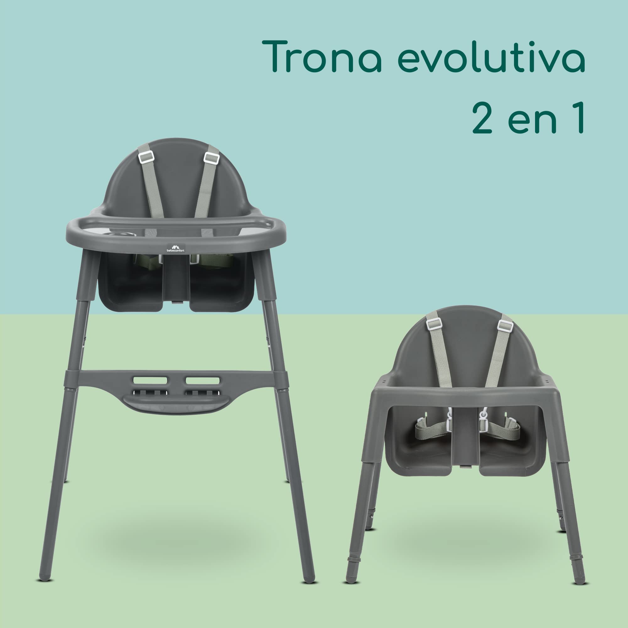 Bebeconfort Meely, Trona Bebé 2 en 1 Ajustable, Trona Portátil Bébé Convertible en Silla, 6 M-3 A (máx. 15 kg), Ligera (3,3 kg), Trona para Bebé, Fácil de limpiar, Arnés 5 Puntos, Dark Grey