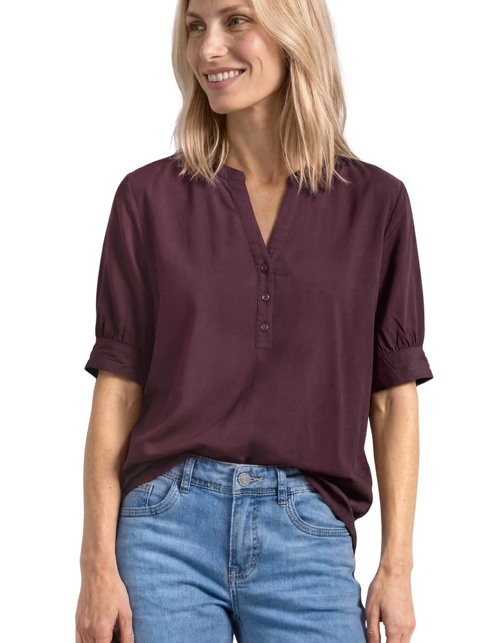Street One Short Sleeve Blouse with Split Neck and Elastic Hem Rustic Rouge 34